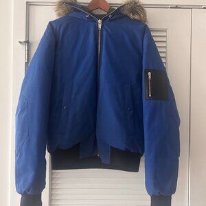 Kooples Blue & Black Puffer Jacket with Faux Fur Hood